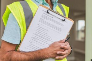 person in yellow reflective vest holding clip-board with home inspection checklist